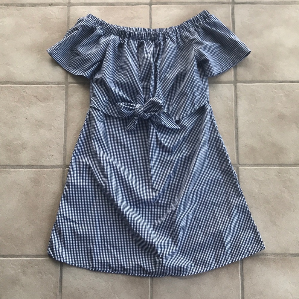 Gingham tie front off the shoulder dress